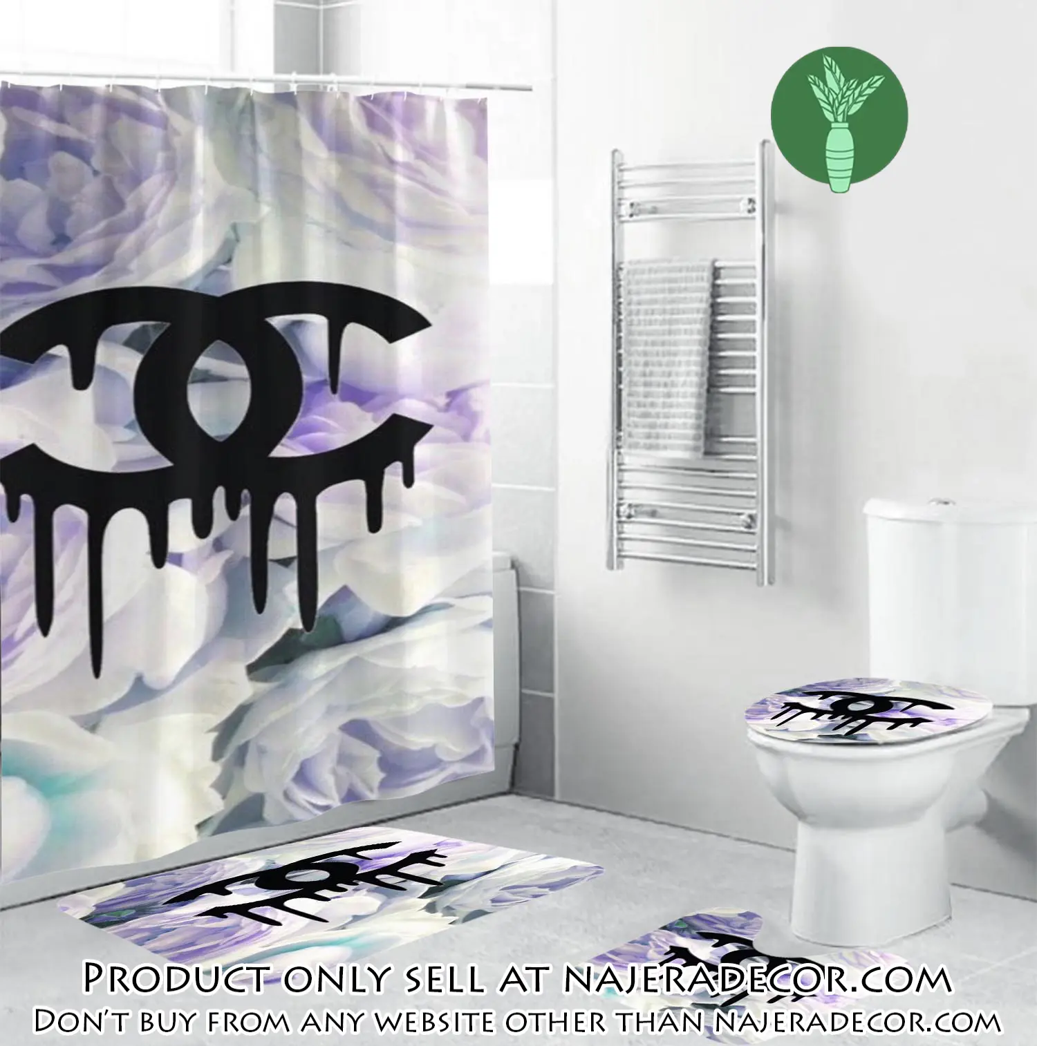 Coco chanel black dripping logo in floral background bathroom set shower curtain njr1825880